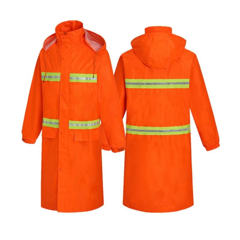 Rain Jacket High Visibility Workwears Safety Concealed Hood Fluorescent Flashing Hooded Long Length Waterproof Work Coat