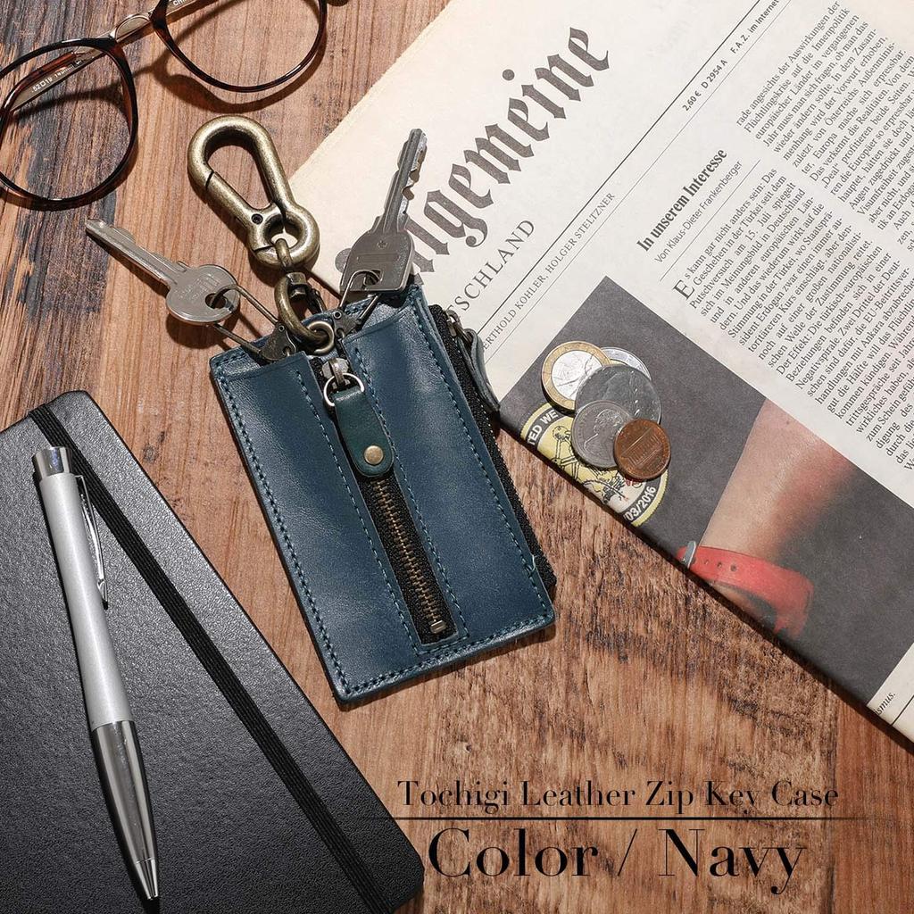 [NARU] Echte Tochigi Leder Mittiger Reißverschluss Schlüsselmäppchen für Damen und Herren, 4-reihiges Münzfach, Karabiner, Stilvoll, Beliebte Marke, Hergestellt in Japan (Marine)