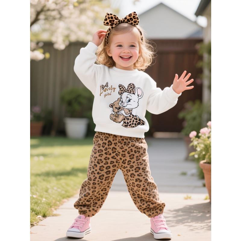 Girl's Autumn and Winter Cute Bunny Bear Printed Long Sleeved Shirt+leopard Print Pants Two-piece Set, a Gift for Children, Perfect for Outdoor