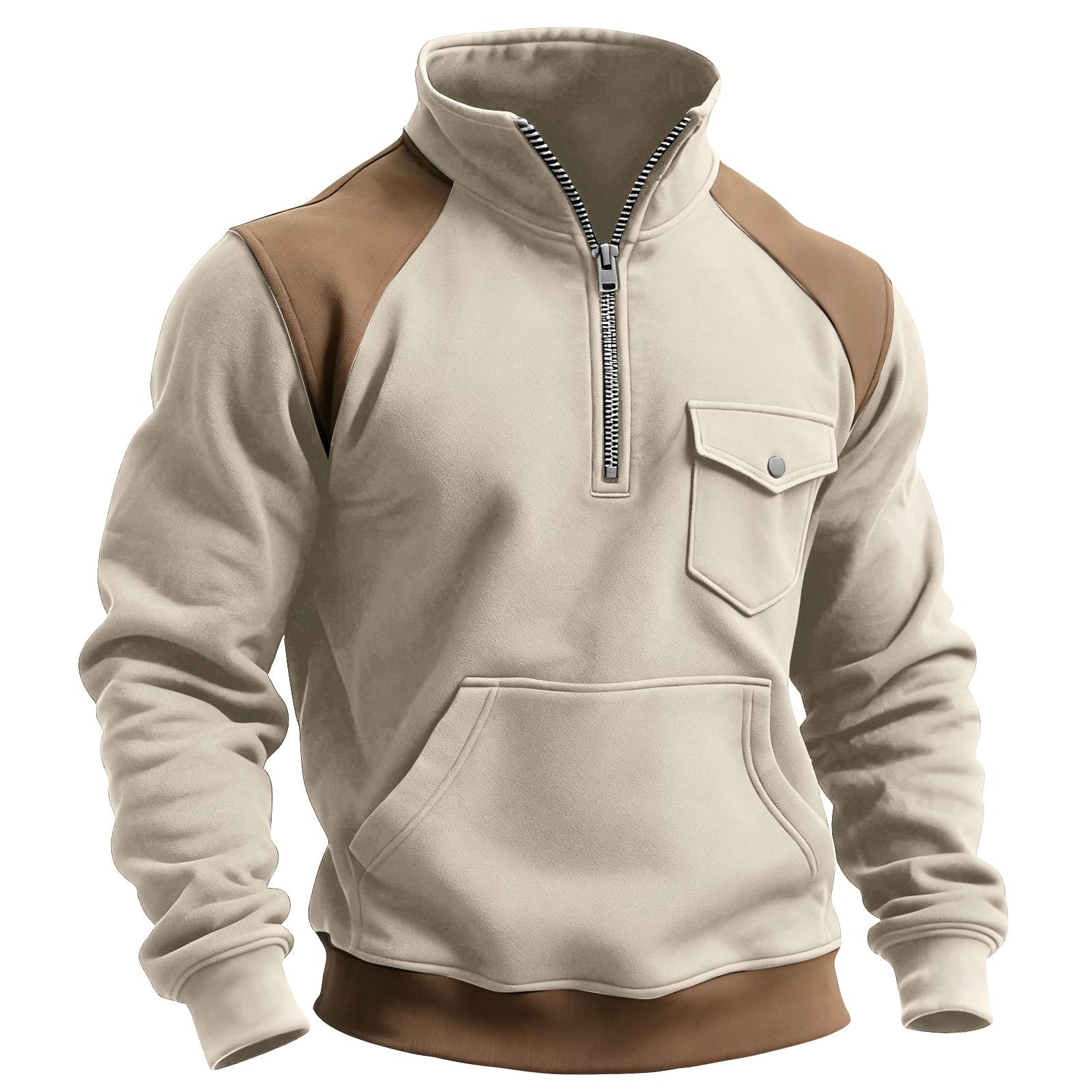 

Мужской свитшот колор-блок с карманом на молнии до середины, со стойкой воротником, мужской спортивный свитшот большого размера в стиле кэжуал со стойкой воротником XXXL хаки