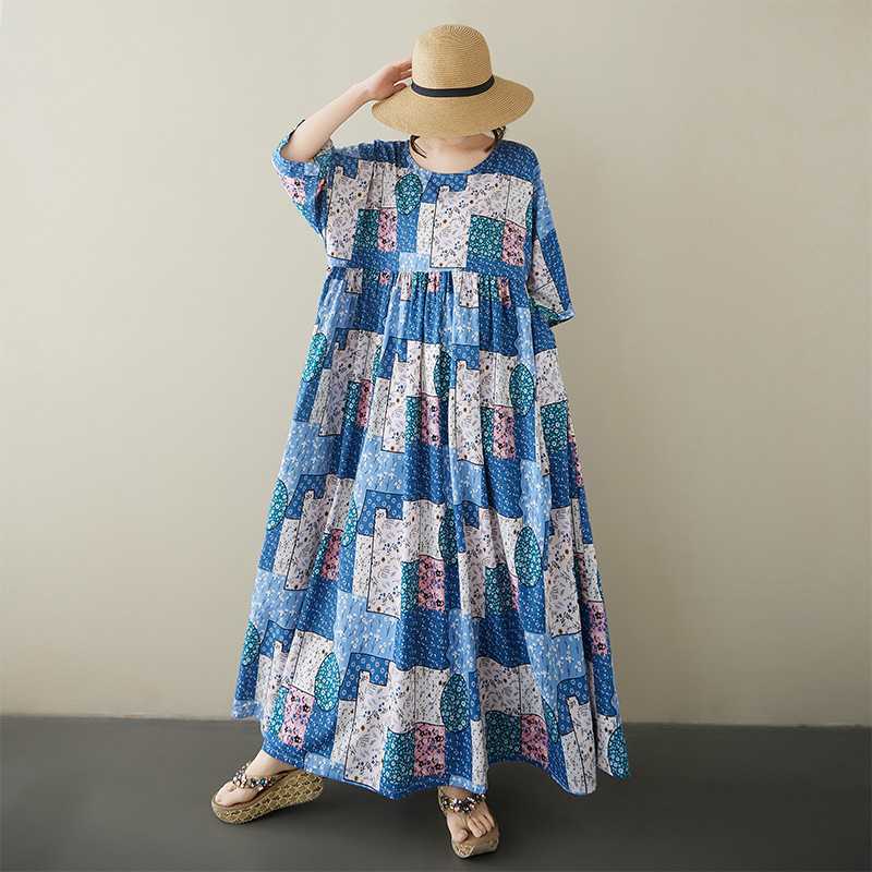 Round Neck Short Sleeved Artistic Retro Casual Loose Women's Dress