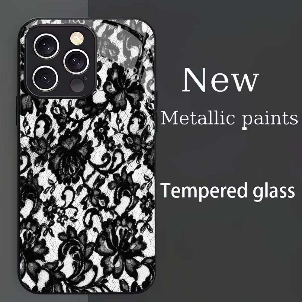 Trendy Black & White Lace phone case mobile phones for iphone 17 pro max cover Glass for iPhone 17 16 15 14 13 12 11pm Pro Plus