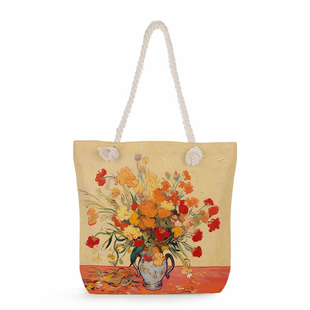 Multifunctional Oil painting flowers Printed Thick Rope Shoulder Beach Bag Casual large capacity handbag 0245