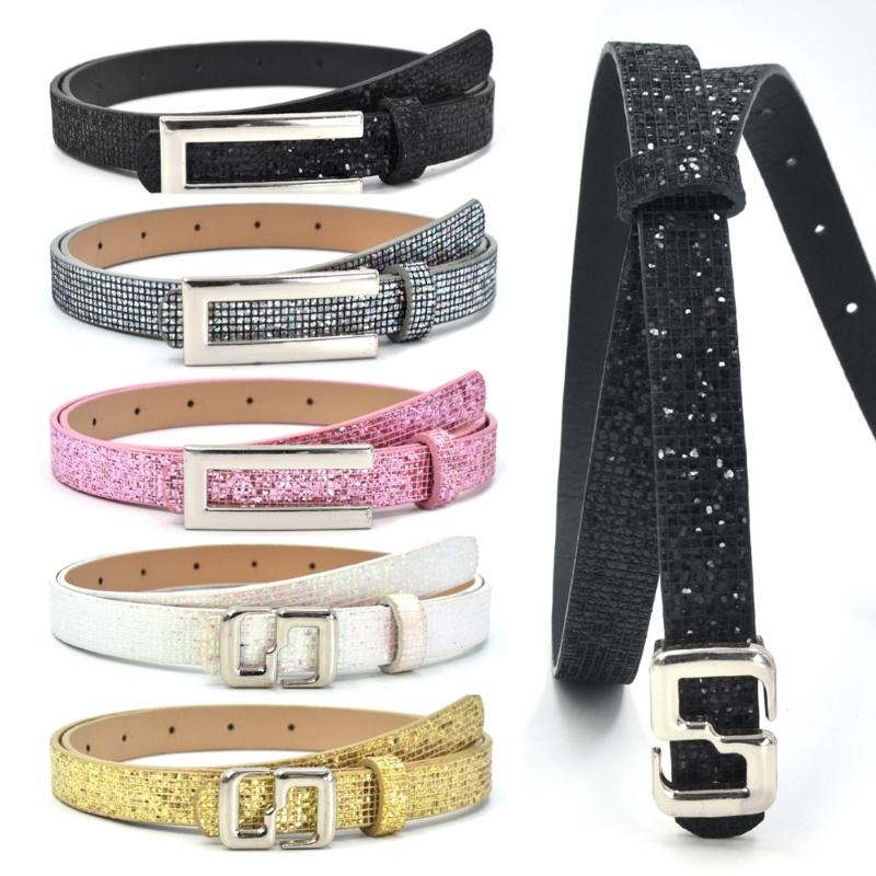 Stylish Thin Waistband For Women With Sequins High Quality PU Belt Multiple Colors Daily Wear
