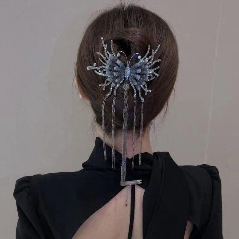 Rhinestone Butterfly Metal Hair Claw For Women Hairpins Vintage Crystal Pearl Pendant Hair Clips Female Hair Jewelry Accessories