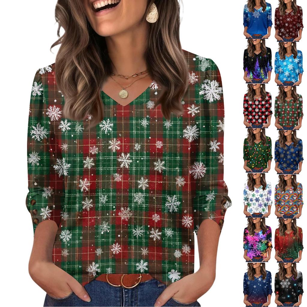 Women's Fashionable Casual Christmas Printed V-neck Top