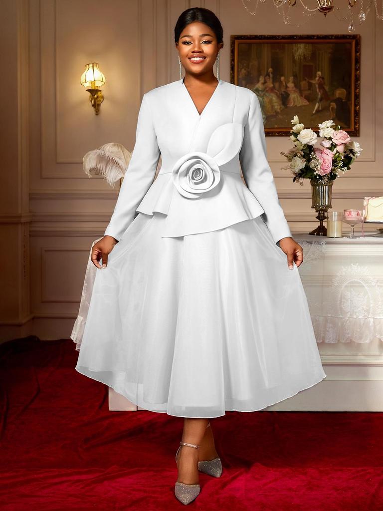 Plus Size Women's Elegant V-Neck 3D Floral Long Sleeve Ruffled Party Dress