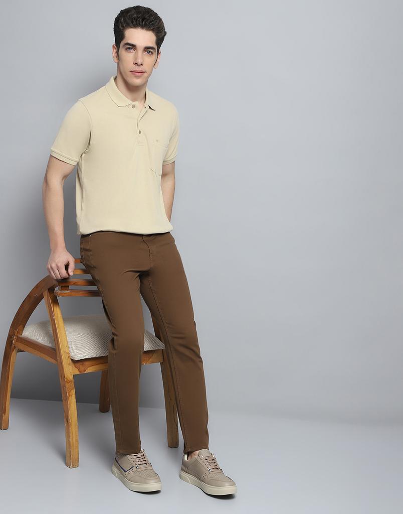Monte Carlo Mens Solid Beige Collar Neck Half Sleeve T-Shirt