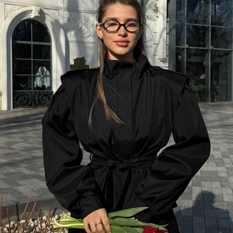 Dámský oversized dlouhý trenčkot s páskem v pase, klopovým límcem, jednobarevný, lehký, na podzim a zimu, do kanceláře