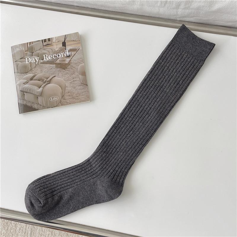 Miu Style Women's Retro Vertical Striped Mid-Calf Socks - Versatile Solid Color Slimming Slouch Socks