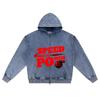 DTG print Knitted Denim Zip-Up Hoodie Speed Meets Power Brother Print Zipper Hoodies  