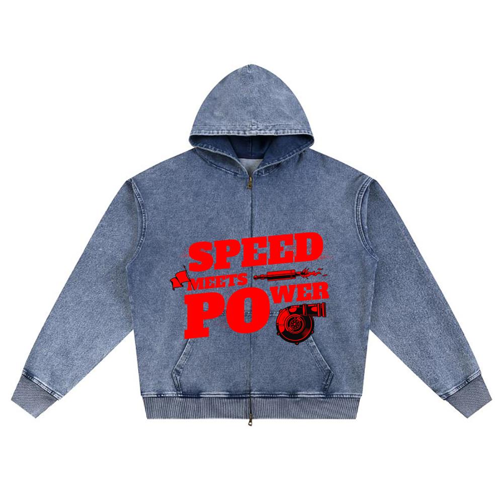 DTG print Knitted Denim Zip-Up Hoodie Speed Meets Power Brother Print Zipper Hoodies  