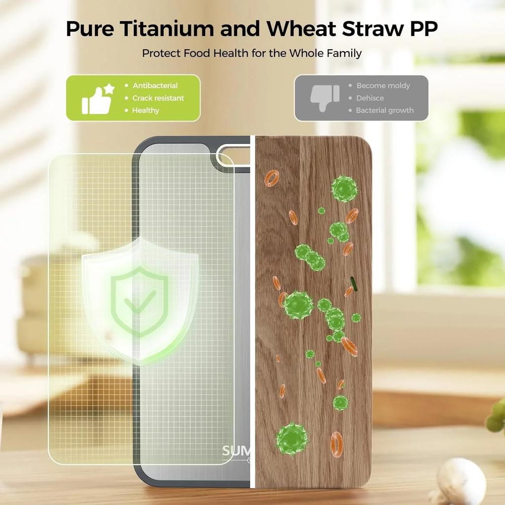 Kitchen Cutting Board Double Sided Titanium Cutting Boards for Double Sided Food Grade Pure Titanium Wheat Straw PP Easy to Clea
