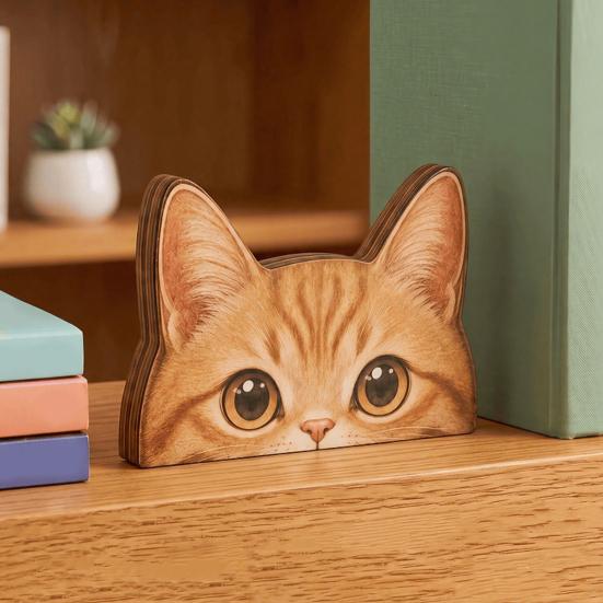 Thoughtful Gifts for Cat Owners Peeking Orange Wooden Figurine, Cute Head Decoration, Handmade Durable Sculptures Natural Wood Tabletop Ornament, Gift