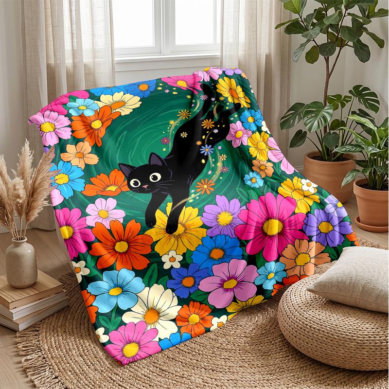 Black Cat in Basket blanket Personalized Name Flannel Blanket Soft Cozy Plush Throw for Sofa Bed Lightweight Home Decor