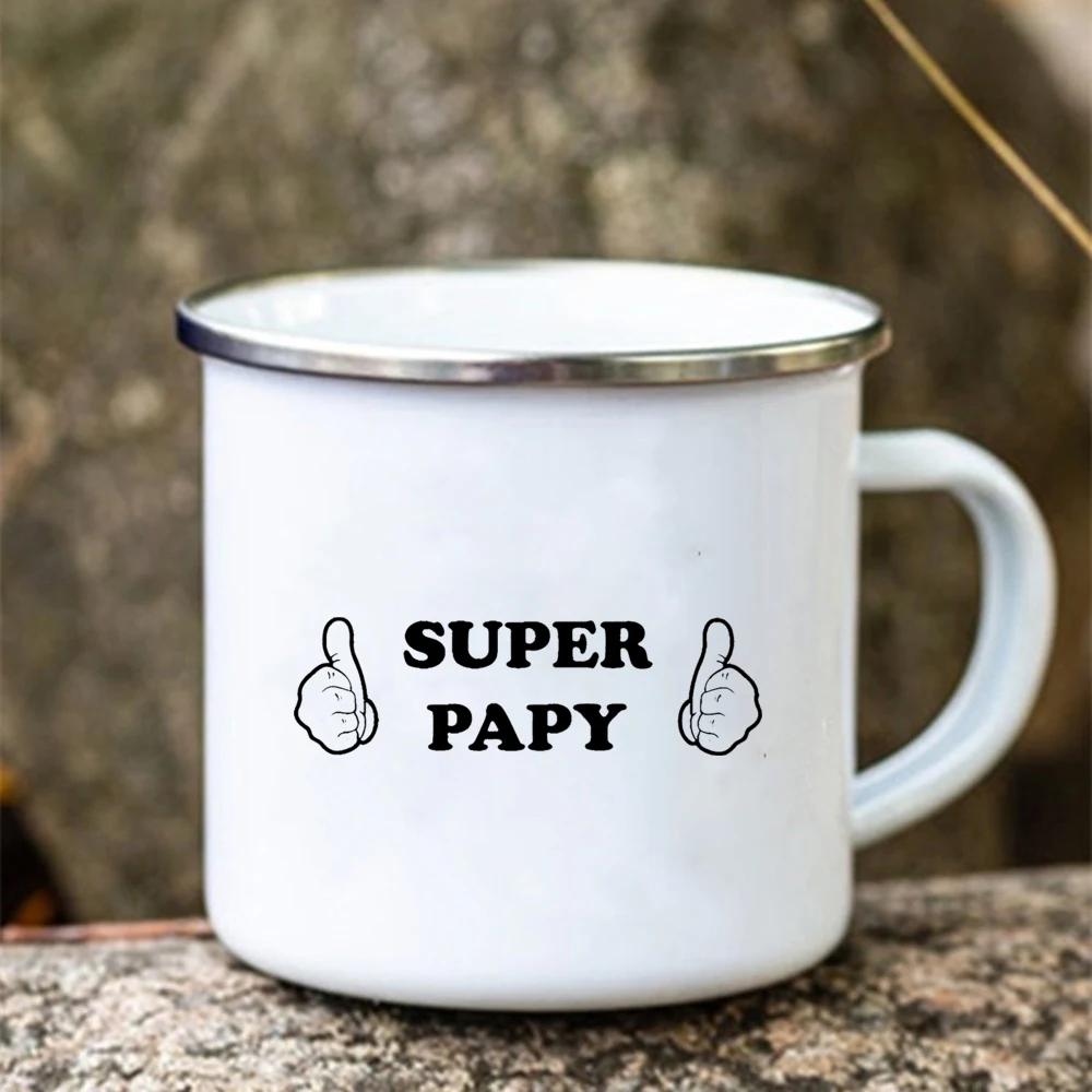 Super Papy Print Mugs Creative Coffee Cups Drink Water Tea Camping Cup Enamel Mug Outdoor Home Handle Drinkware Gift for Grandpa