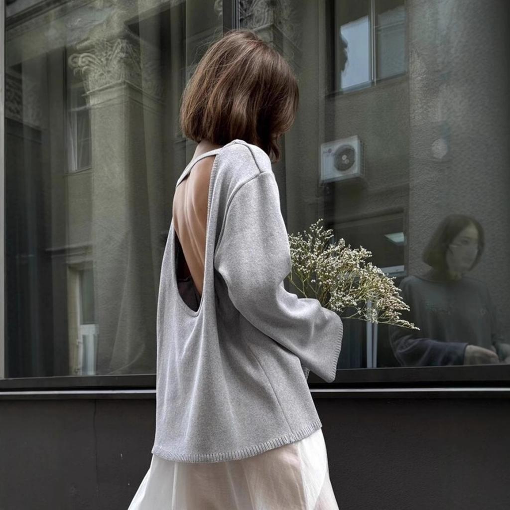 Fall Winter New Women's 100% Cotton Crewneck Sweater European American Style Loose Lazy Backless Sexy Knit Pullover