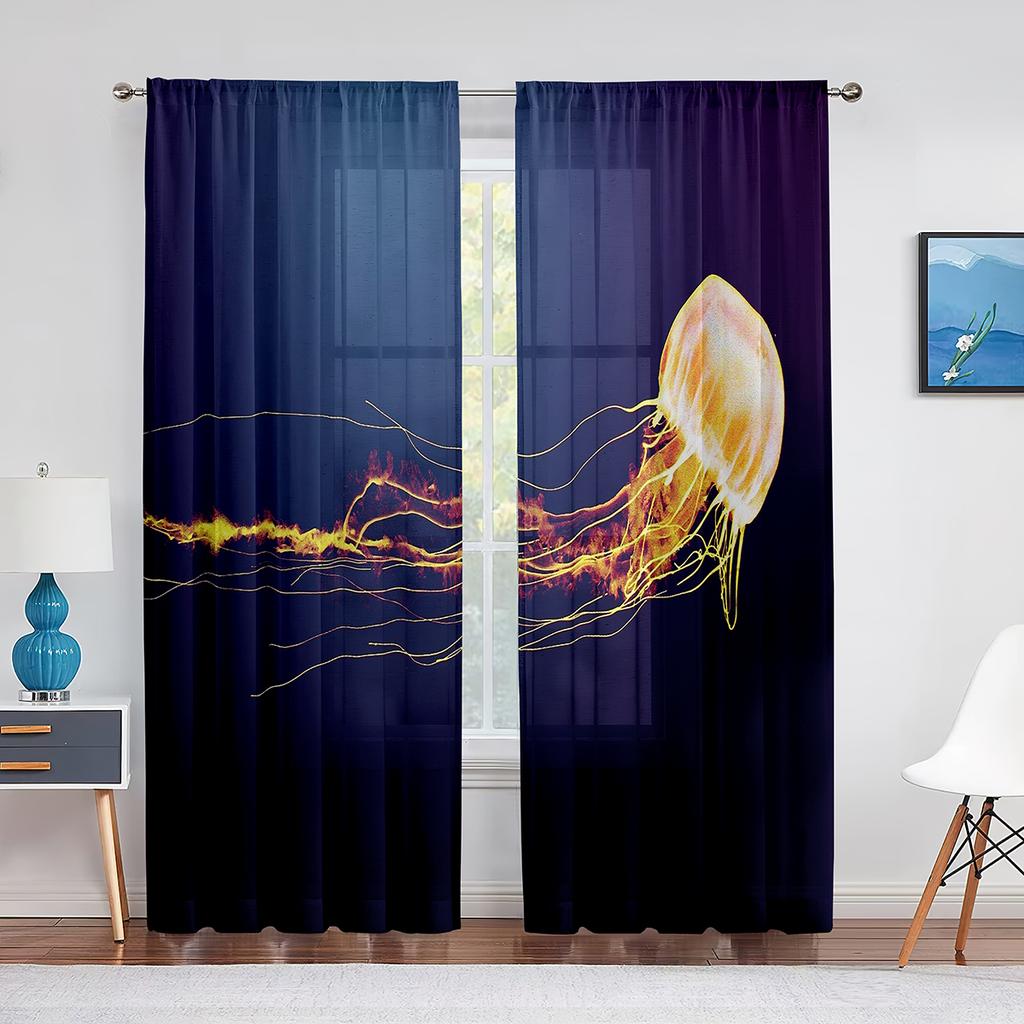 Jellyfish In The Deep Ocean Window Tulle Curtains Foamy Dreamy Blue Ocean Sheer Voile Curtain for Living Room Bedroom Decoration