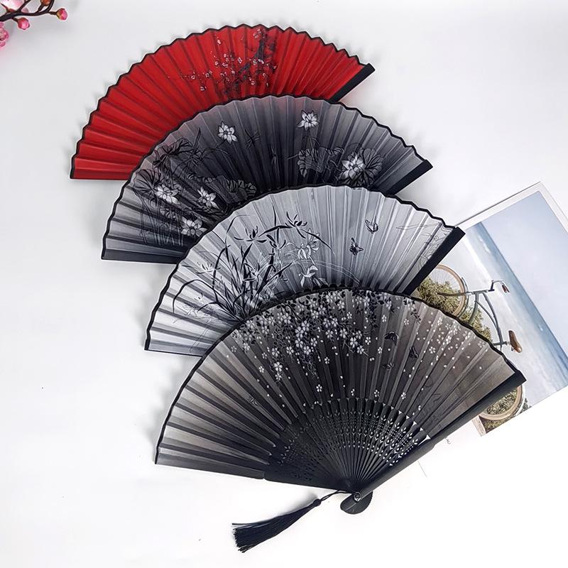 Hand Folding Fan BambooSilk Chinese Fan Hand Women Black Fan Summer Female Dance Hand Folding Fan Party Gift Hand Fans For Women