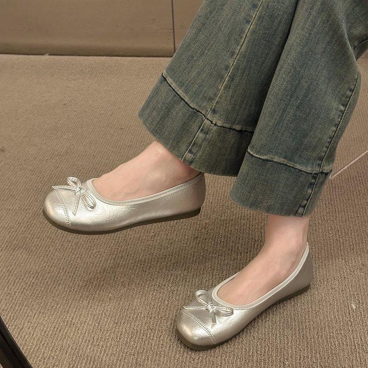French Bow Silver Single Shoes Women's 2025 New Flat Gentle Grandma Shoes Summer Ladyshoes Candy Ballet Shoes