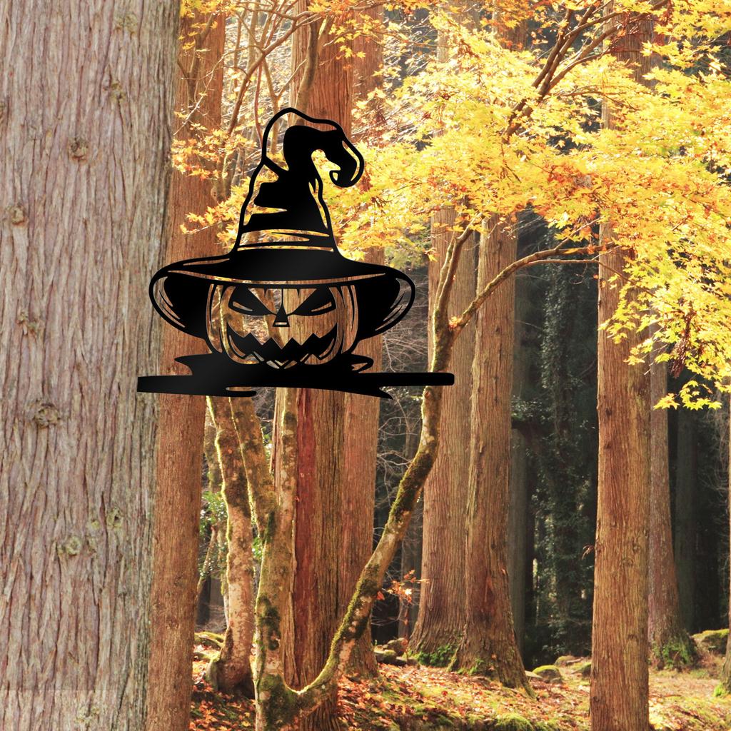 Halloween Kürbis Gartenstecker Metall Jack-O-Lantern Stecker mit Hexenhüten Outdoor Halloween Kürbis Hofschilder Halloween Gartenskulptur Ornament