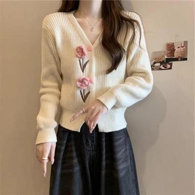Thick and Gentle Short Knitted Cardigan Sweater Autumn Sweet Three-dimensional Flower Pink Top