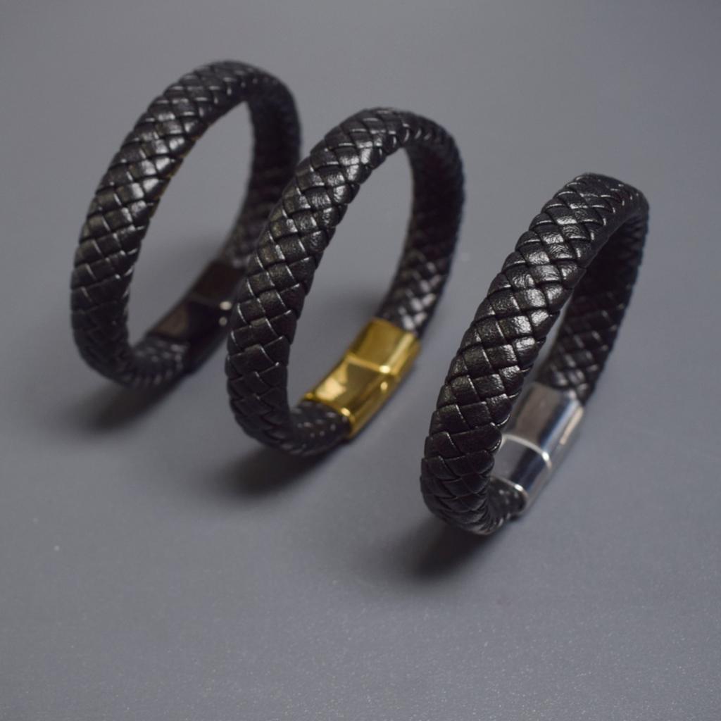 Fashion Stainless Steel Magnetic Buckle Bracelet Men Personalized Woven Wide Leather Rope Wristband Luxury Jewelry Pulseras