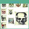 Skeleton Head Throw Pillow Cover With Linen Fabric For Home Decor And Living Room