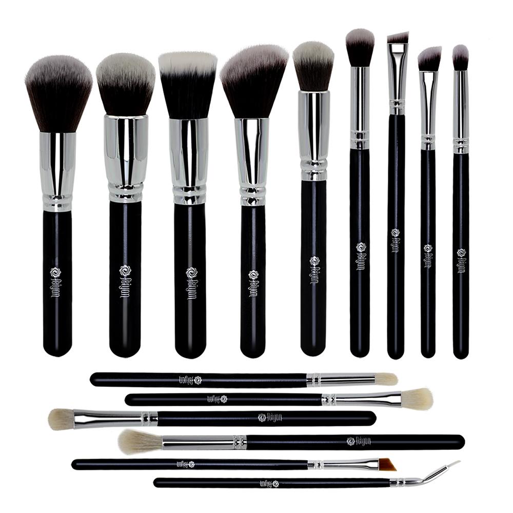 HMU Factory Professional Makeup Brushes Synthetic Hair Vegan Wood Handle Black Silver 15 Piece Makeup Brush Set With Pouch regular size