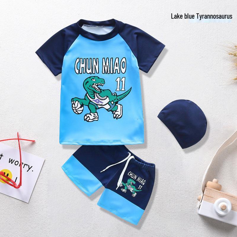Cartoon Boys' Toddler Sun Protection Quick-Dry Swimsuit Set with Swim Cap