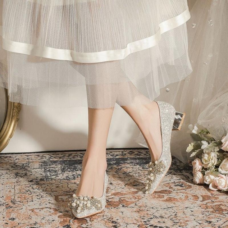 2025 Spring Sparkling Pearl Stickers High Heels Wedding Shoes Banquet Dress 4cm Thick Heels Women's Pumps
