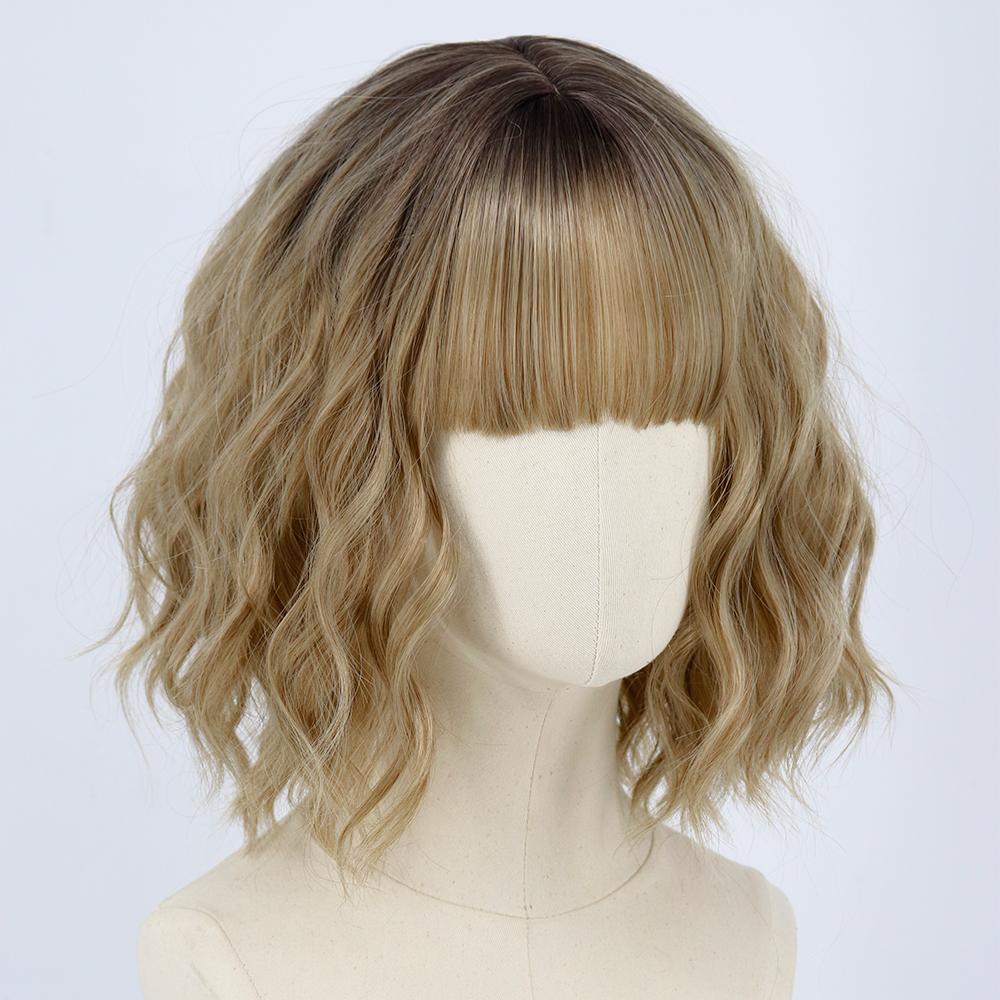 MERISIHAIR Korte platina Bob syntetiske parykker Blond Ombre Bølget parykk Mørke røtter med smell for kvinner Daglig slitasje