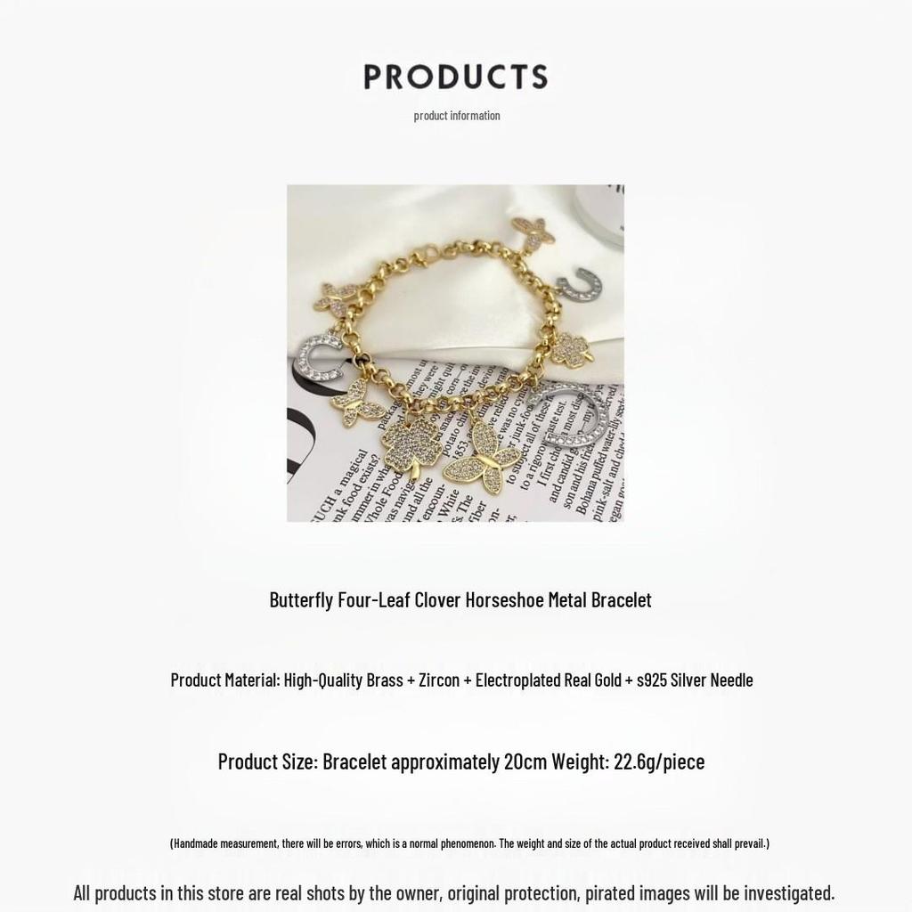 18k Gold Plated Diamond Butterfly Clover Pendant Bracelet