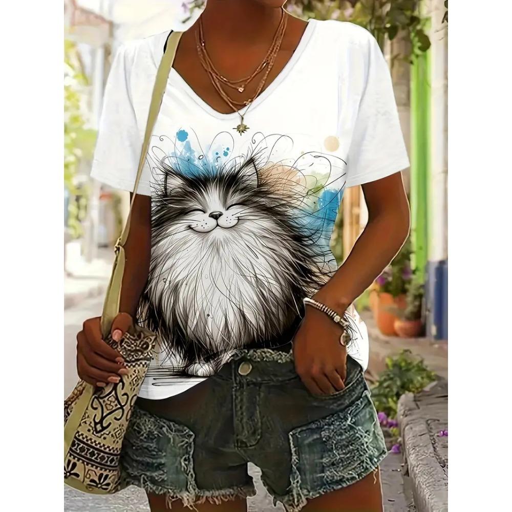 Trendy Letní Dámské Tričko Kreslený Zvířecí Potisk Ležérní Módní Halenka Krátký Rukáv