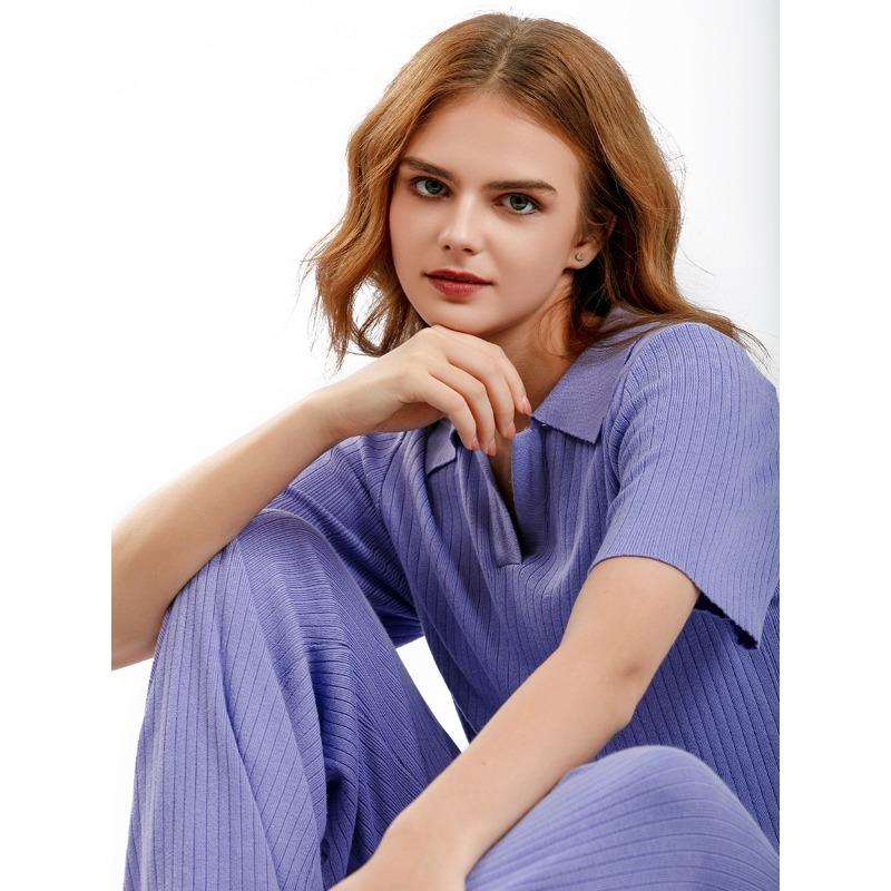 Set da donna a polo pullover a maniche corte top slim tinta unita t-shirt pantaloni a gamba larga set di moda lavorato a maglia