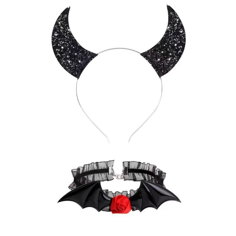 Gothic Dark Glitter Girls Choker Collar Rose Devil Wing Headband Set Gothic Bat Wing Versatile Choker