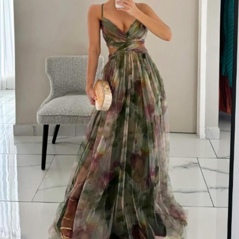 

Sexy Hollow Out Party Dress, Women Summer Loungewear Fashion Printing Maxi Dress, Sleeveless Lace-Up Ladies Dress Vestido XL зелений