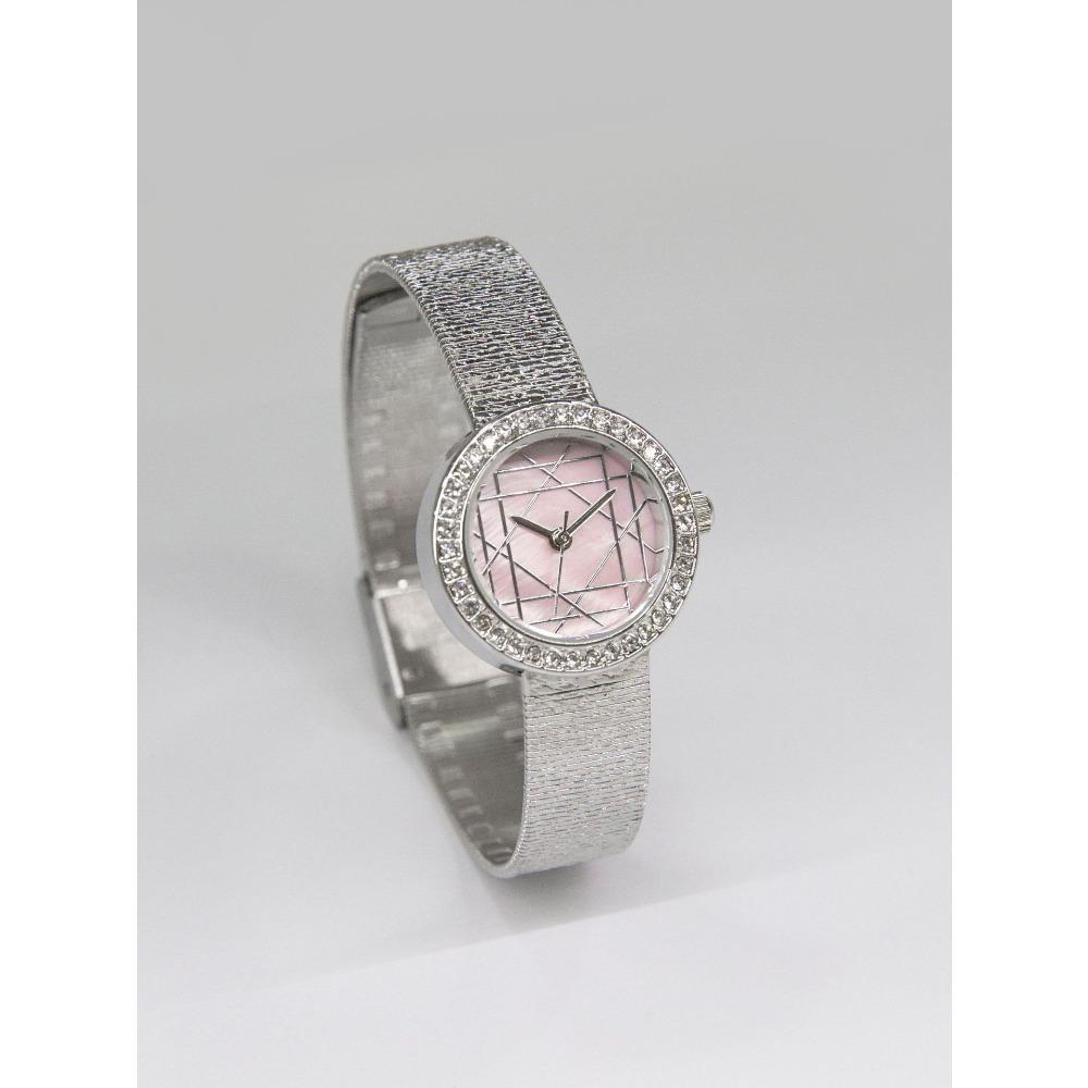 Round Quartz Watch For Women Rhinestone Bezel Geometric Line Dial Textured Mesh Strap Elegant Daily Waterproof Wristwatch