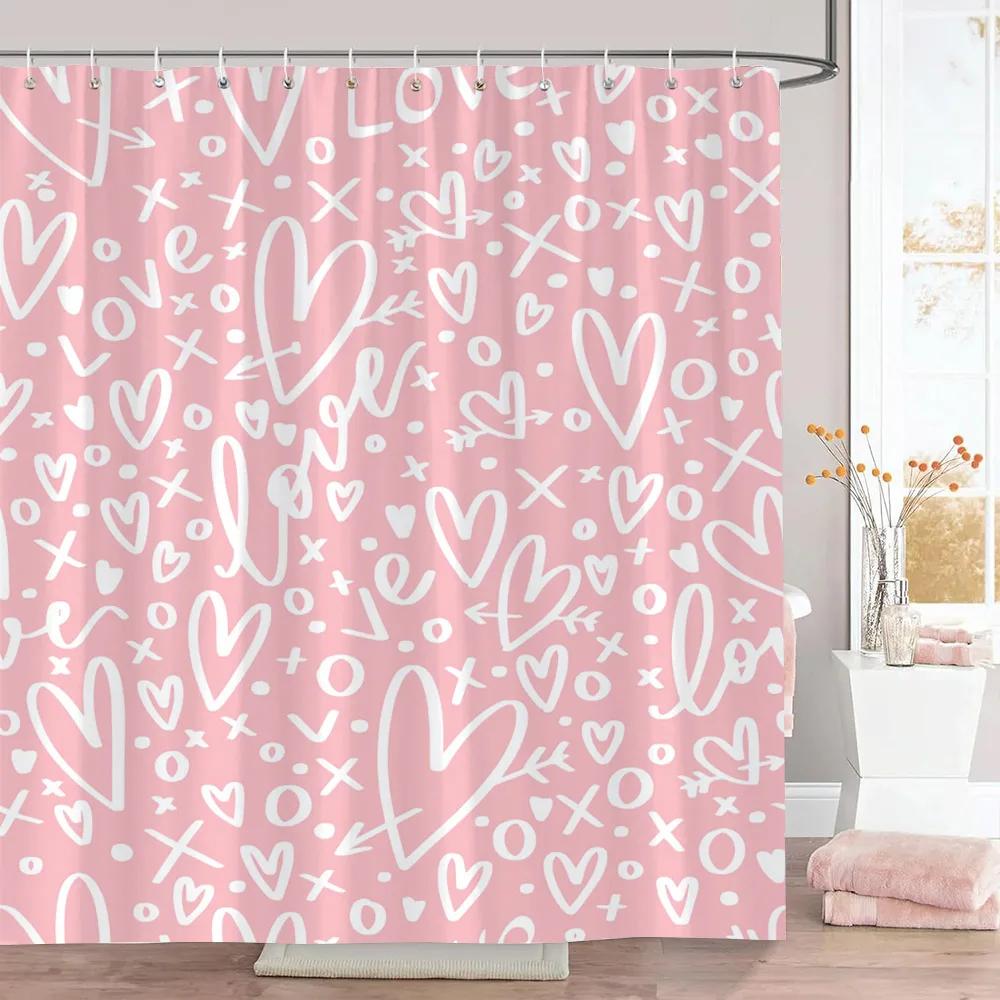 Rosa Herz Duschvorhang Weihnachtsgeschenk Geometrische Linien Schlicht Modern Polyesterstoff Duschvorhänge Badezimmerdeko mit Haken