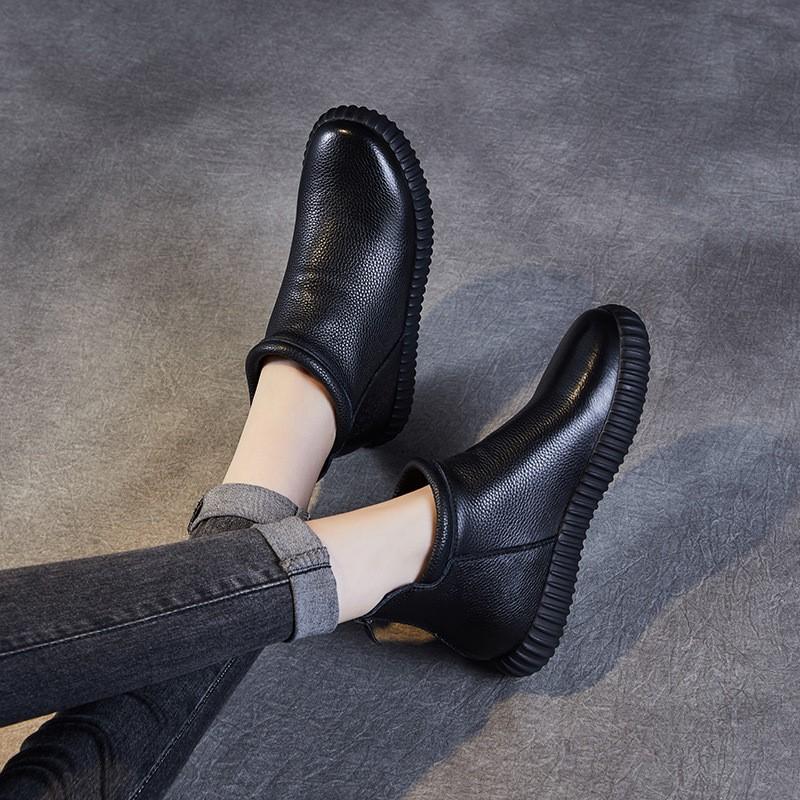 Johnature Genuine Leather Ankle Boots Casual Versatile Solid Color Soft Soled Flat Short Boots Women's Shoes