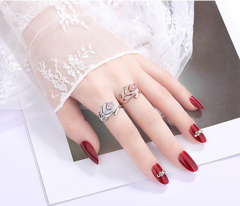 Artistic Leaf Feather Ring with Zircon Inlay - Japanese & Korean Style