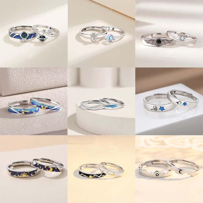 2Pcs Astronaut Planet Couple Rings for Women Men Cute Sliver Color Star Moon Adjustable Finger Rings Romantic Lovers Jewelry