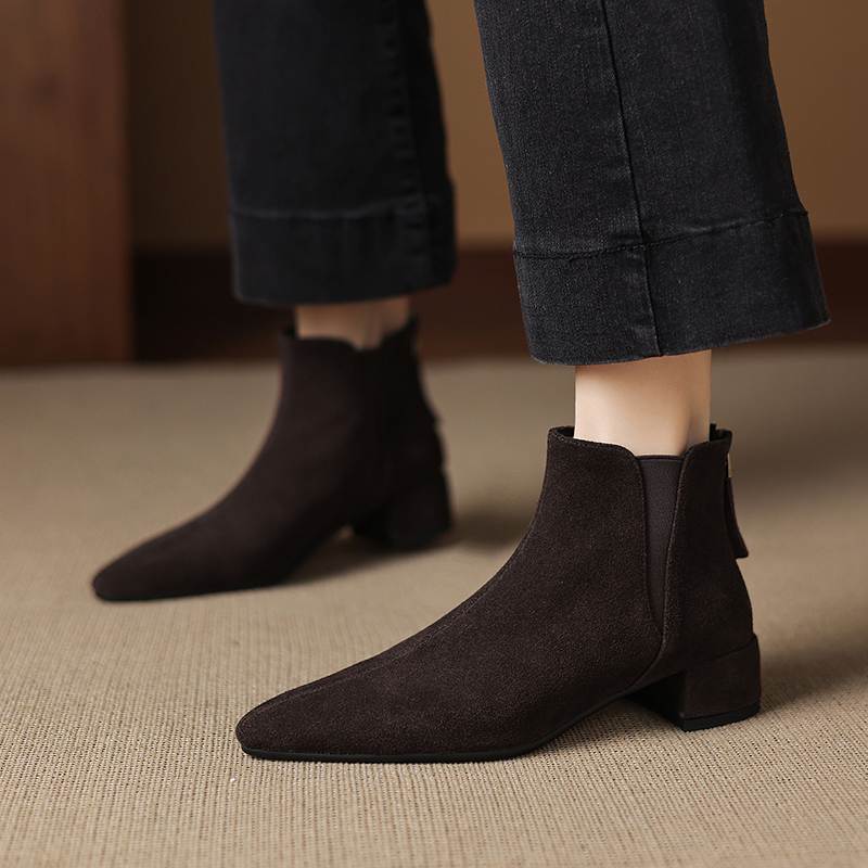 Krazing Pot Rindsvelours Nubuk Runde Zehenpartie Dicke Absätze Chelsea Boots Größe 43 Reißverschluss hinten Damen Stiefeletten