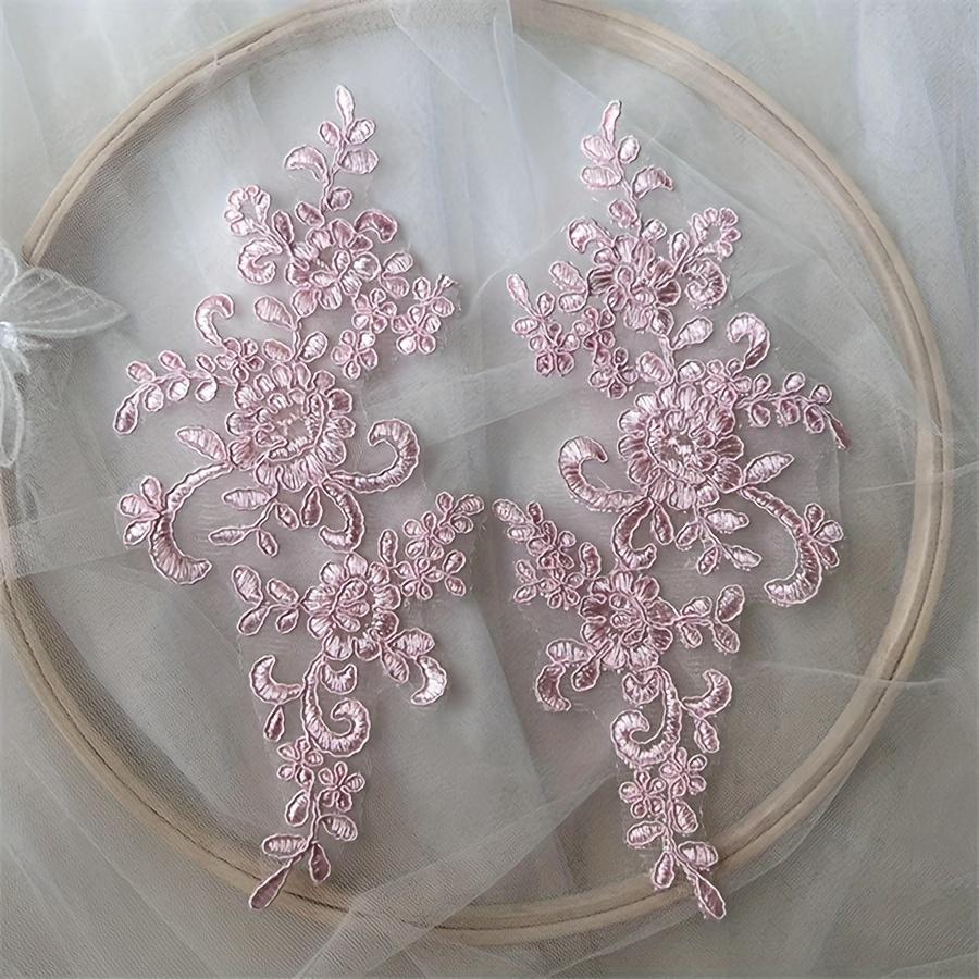 Pair of Floral Lace Applique Patches Embroidered Iron-On Decoration for Wedding Dress DIY Crafting - White