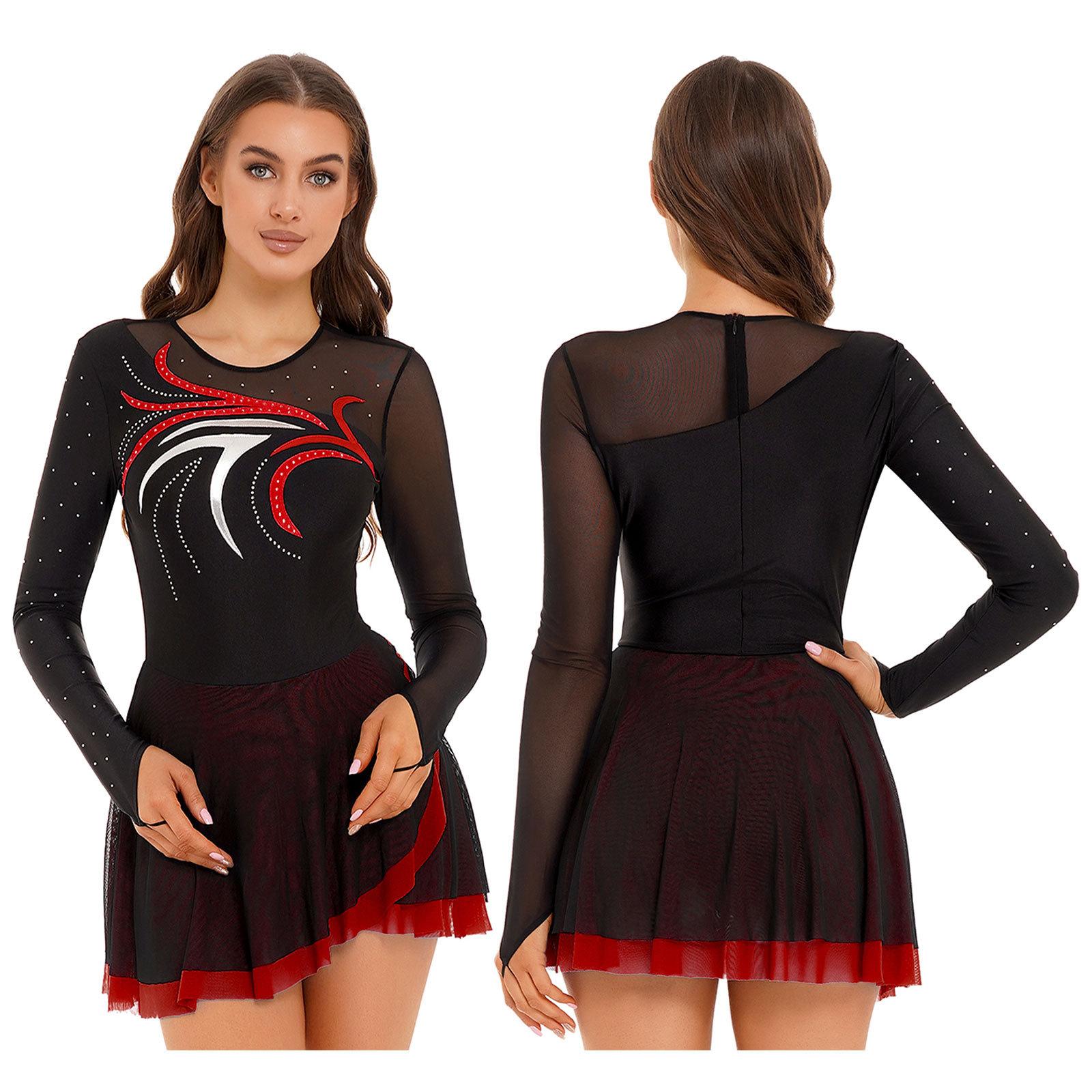 

Жіноча сукня для фігурного катання з довгим рукавом і стразами для гімнастичних змагань на роликових ковзанах S червоний