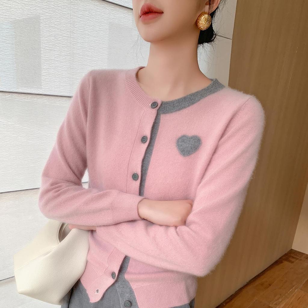 Women's Cashmere Cardigan: Color Block, Round Neck, Sweetheart Embroidery, Loose Fit Sweater.