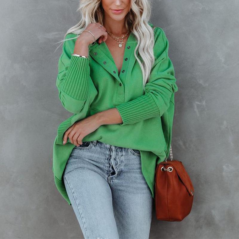 Women's Casual Fashionable V-neck Hooded Threaded Pullover Top Loose Bat-sleeve Sweatshirt