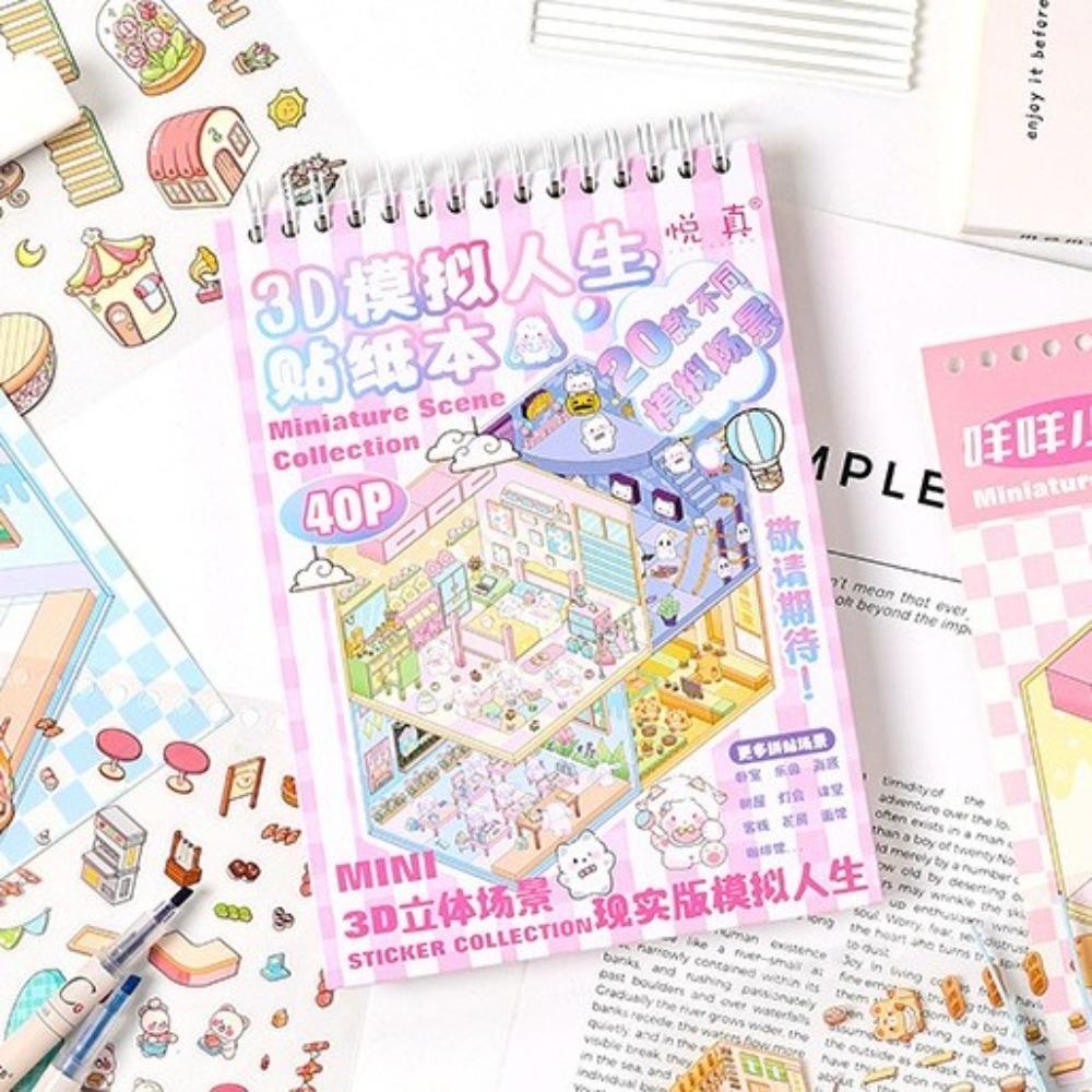 New Cartoon 3D Landscape Sticker Book 40 Sheets DIY Miniature Scene Stickers Kit 20 Scenes Pocket Sticker for Students