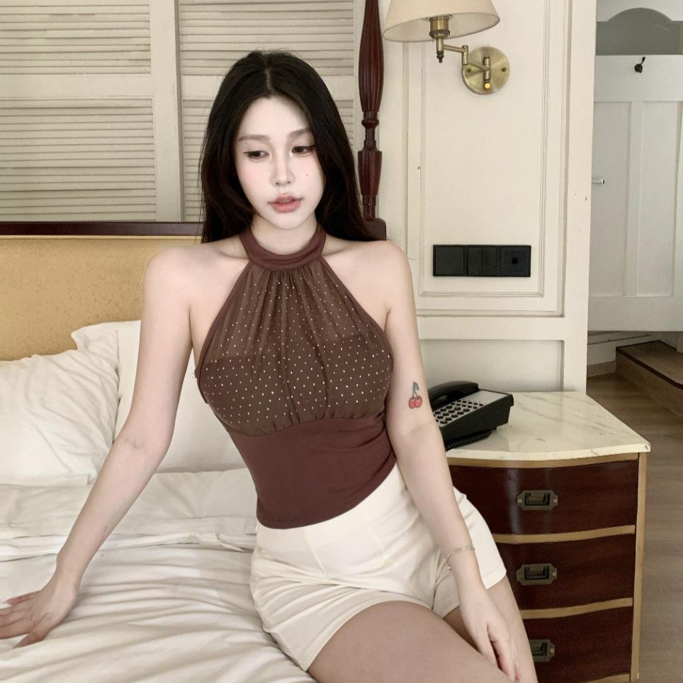 #Summer New Pure Desire Mesh Yarn Hot Diamond Neck Vest Slim and Thin Fixed Top with Chest Pad Women