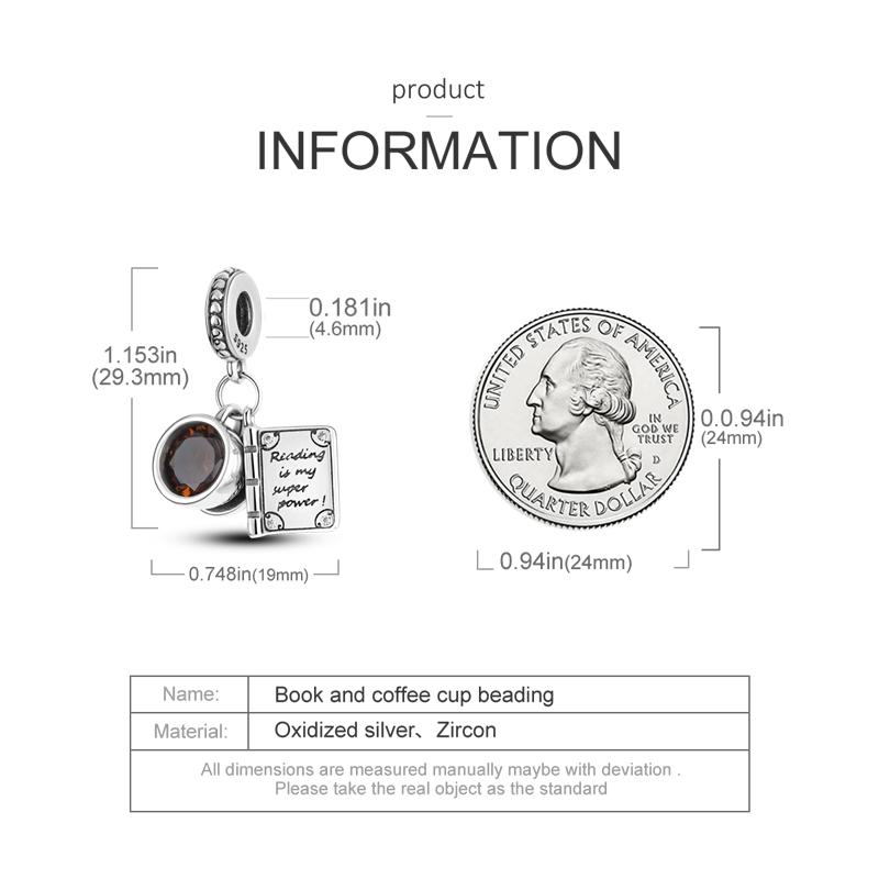 925 Silver Book Coffee Cup Charms Bead CZ Zircon Butterfly Dangle Fit Original Bracelet DIY Women Jewelry